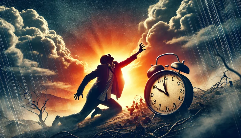 A dramatic depiction of a person struggling to wake up in the morning, reaching for an alarm clock with exhaustion, against the backdrop of a bright sunrise, symbolizing the challenges night owls face in adapting to early schedules.