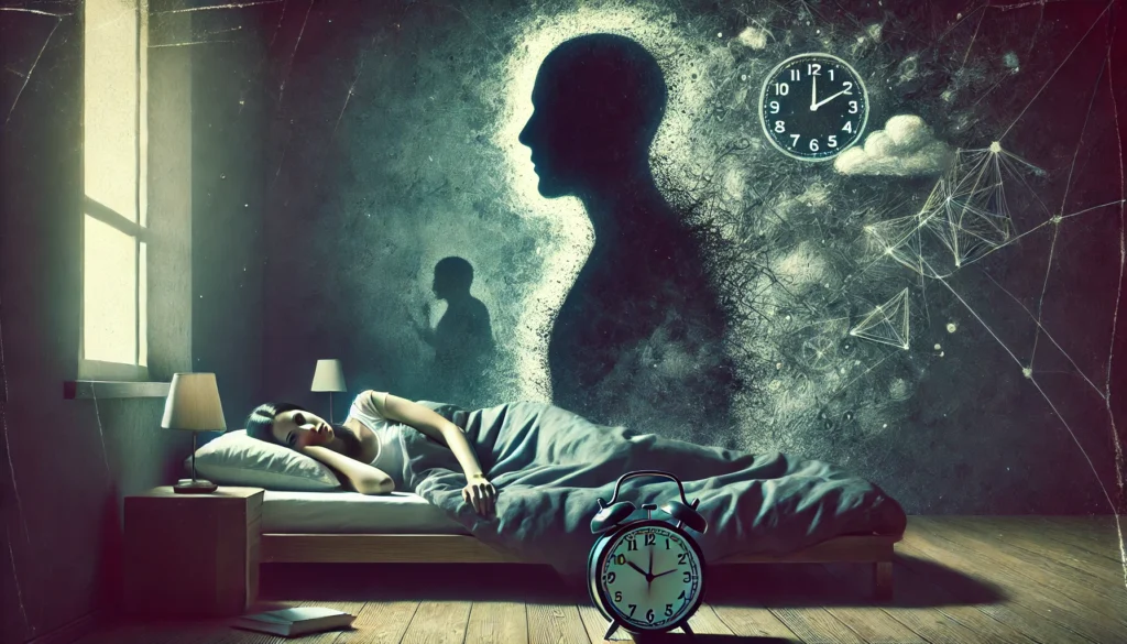 A conceptual illustration of sleep disorders, depicting a person lying awake in bed with a shadowy, abstract figure symbolizing insomnia and sleep disturbances looming in the background.