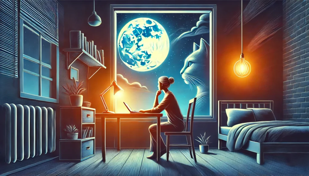 A serene scene featuring an individual gazing out a window at a moonlit sky, surrounded by a cozy room setup with books, a cup of tea, and a glowing desk lamp. The ambiance reflects quiet productivity and introspection during late hours.