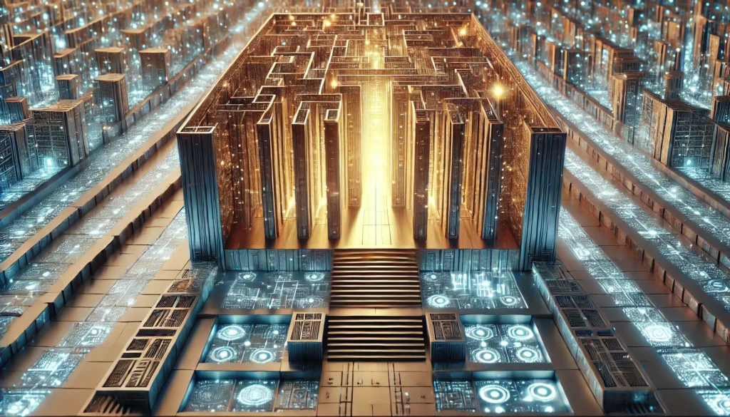 An abstract visualization of a memory palace with glowing corridors, symbolizing structured memorization techniques. The illuminated pathways represent the efficient organization of knowledge for better learning.