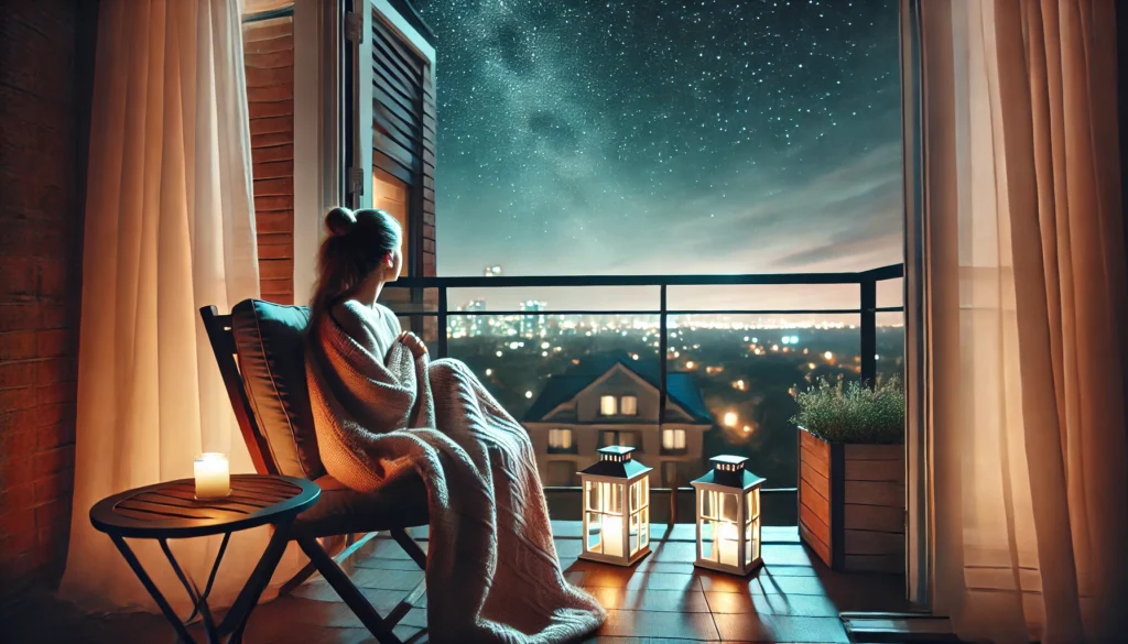 A serene nighttime balcony scene with a young adult sitting on a chair, wrapped in a warm blanket, gazing at the starry sky. Soft lighting and a distant city skyline create a relaxing ambiance for winding down before sleep.