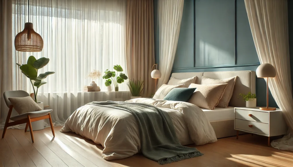 A serene bedroom setup with natural lighting streaming through sheer curtains, a plush bed with soft pillows and blankets, calming blue walls, minimalist decor, a small green plant, and a bedside table with a reading lamp, creating an ideal sleep environment.