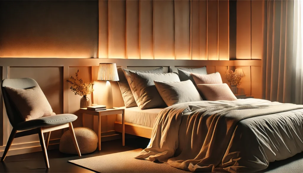 A serene bedroom setup featuring a neatly made bed with soft pillows and blankets, surrounded by warm ambient lighting. The minimalistic decor includes a small bedside table with a lamp and a plant, creating a peaceful and restful atmosphere.