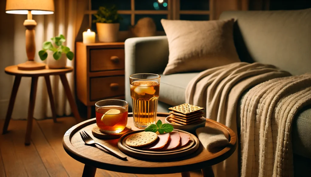 A peaceful nighttime living room featuring a small table with a plate of whole-grain crackers, a slice of turkey, and a glass of herbal tea, softly illuminated to promote relaxation before sleep.