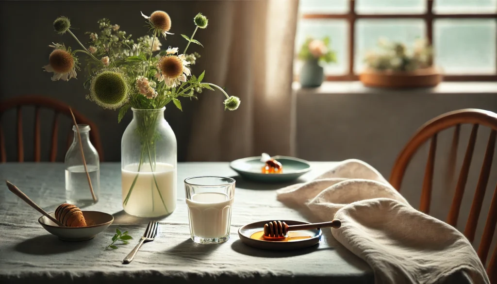 A serene dining table with a glass of warm milk and a plate of honey, adorned with a linen cloth, soft natural light through a window, and a vase of fresh flowers enhancing the calming atmosphere.