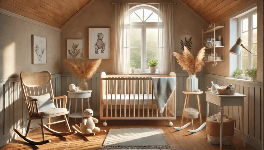 A cozy nursery featuring a crib illuminated by soft morning light, a rocking chair nearby, and a small table holding baby essentials, creating a peaceful setting for infant wake-up routines.