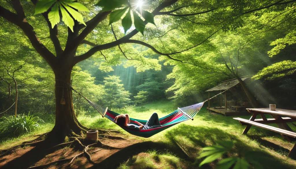 A peaceful outdoor setting with a person resting on a hammock under the shade of lush green trees. The scene captures gentle sunlight filtering through the foliage in a tranquil, restorative environment.