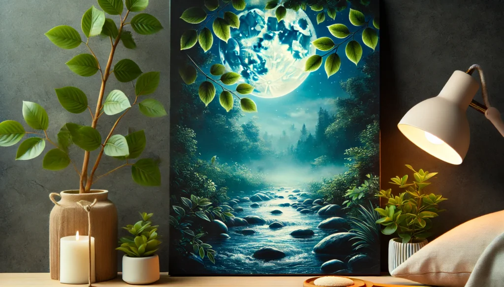 A serene natural scene featuring the gentle rustle of leaves and a calm stream under a moonlit sky. The tranquil atmosphere captures the essence of soundscapes ideal for promoting relaxation and better sleep.