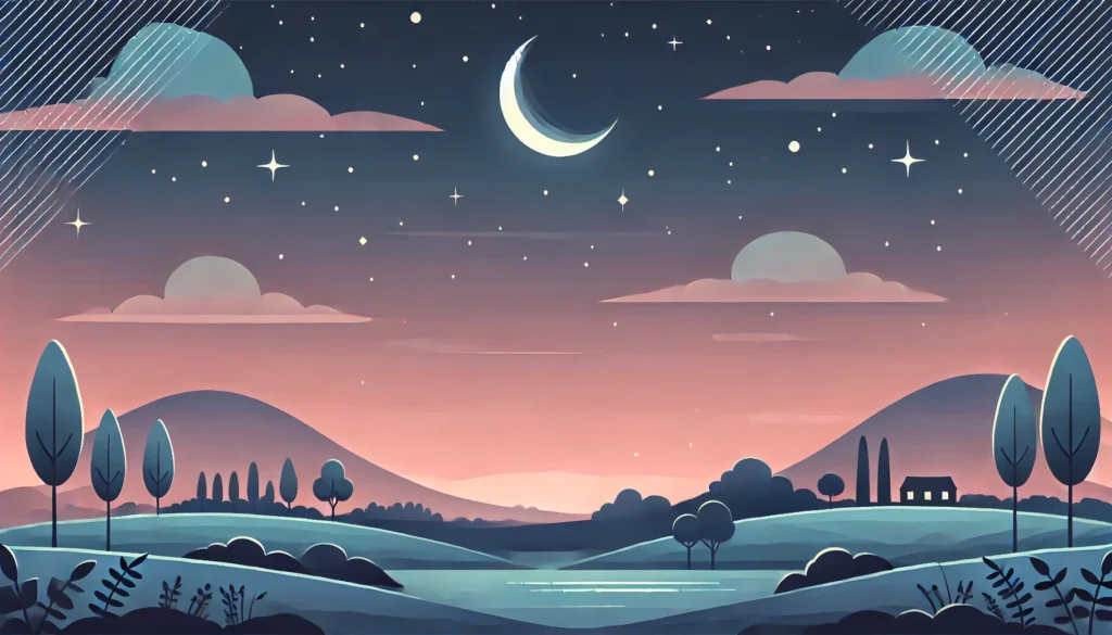 A serene night sky with a crescent moon and sparkling stars, overlooking a peaceful countryside with soft rolling hills. The scene conveys calmness and relaxation with no text or human figures.