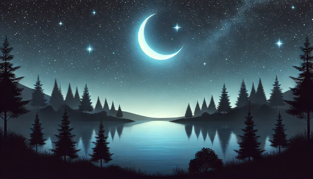 A serene outdoor scene featuring a starry sky, a glowing crescent moon, and a calm lake surrounded by tree silhouettes, capturing the peaceful essence of sleep.