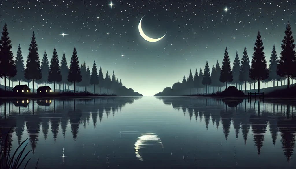 A serene nighttime landscape with a crescent moon and twinkling stars reflecting over a calm lake surrounded by trees. The peaceful scene emphasizes the tranquility and restorative environment necessary for effective sleep consolidation, with no text or overlays.