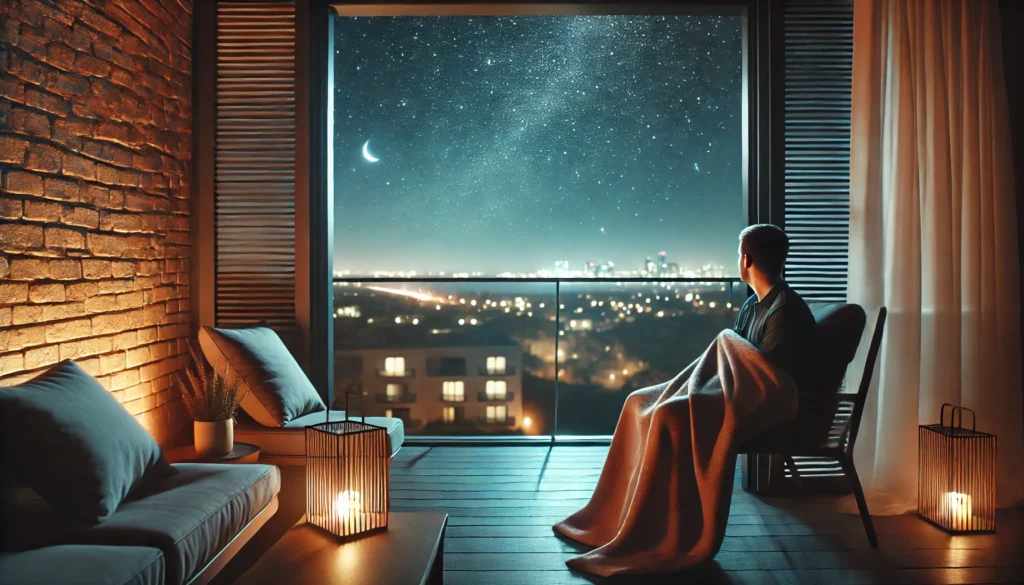 A peaceful balcony scene at night featuring a young adult sitting in a chair, wrapped in a warm blanket, gazing at a starry sky. The calm environment, with soft ambient lighting and a distant city skyline, is ideal for staying asleep through the night.