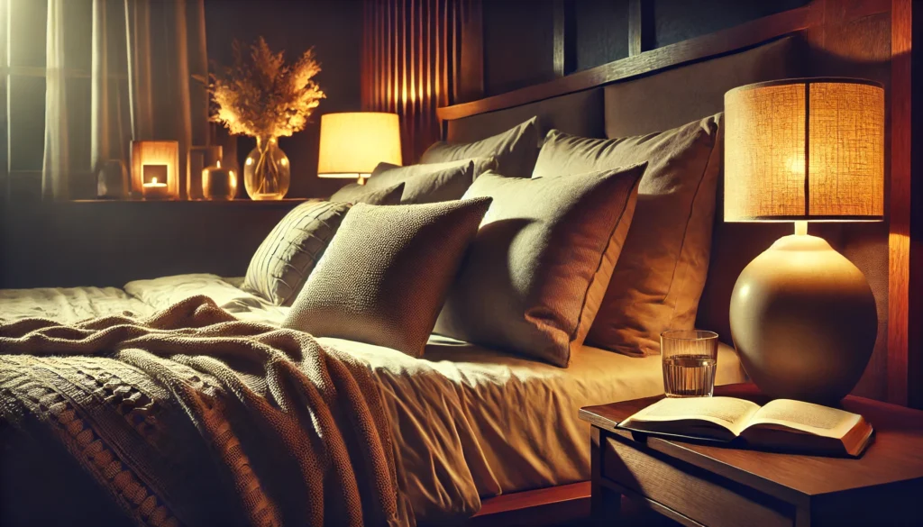 A cozy bedroom at night featuring dim lighting, a bed with soft pillows and a warm blanket, and a bedside table with a glass of water and a book, promoting restful sleep.