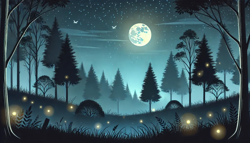 A peaceful nighttime forest scene illuminated by a starry sky, with tall shadowy trees, a serene moonlit clearing, and softly glowing fireflies enhancing the tranquil natural ambiance.