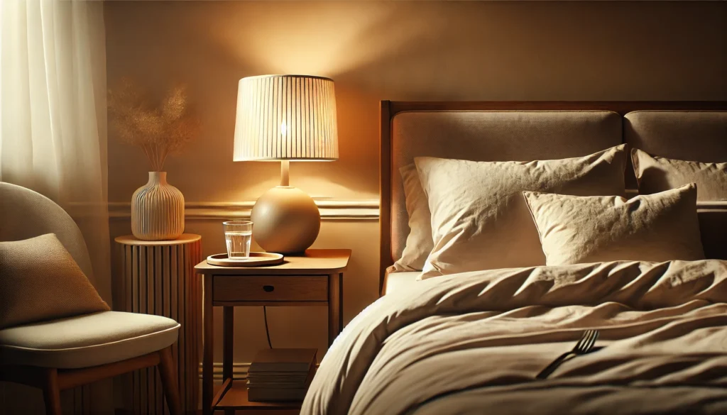 A serene bedroom setup for seniors with a cozy bed, soft linens, a bedside table holding a glass of water, and a warm night lamp, creating a calm and restful sleeping environment.