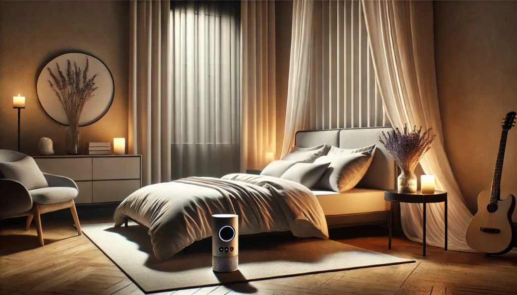 A serene, modern bedroom setup with neutral bedding, blackout curtains, a white noise machine, and a bedside table featuring a lavender-scented candle. Warm ambient lighting enhances the tranquil atmosphere, ideal for promoting restful sleep.