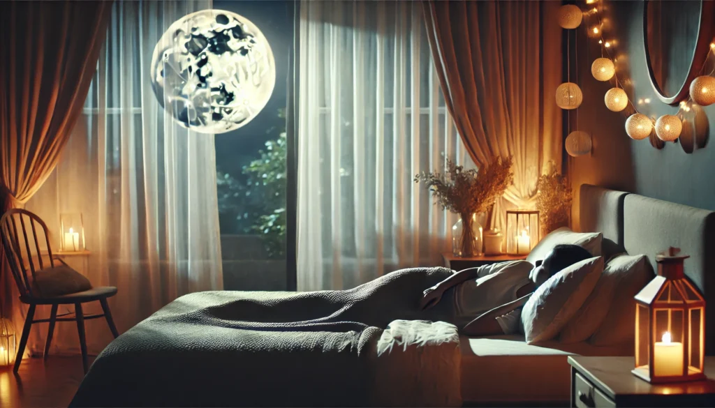 A calming bedroom scene with a person lying on their side in bed. Soft moonlight filters through sheer curtains, illuminating a neatly arranged bed with fluffy pillows, creating an atmosphere of peace and relaxation.