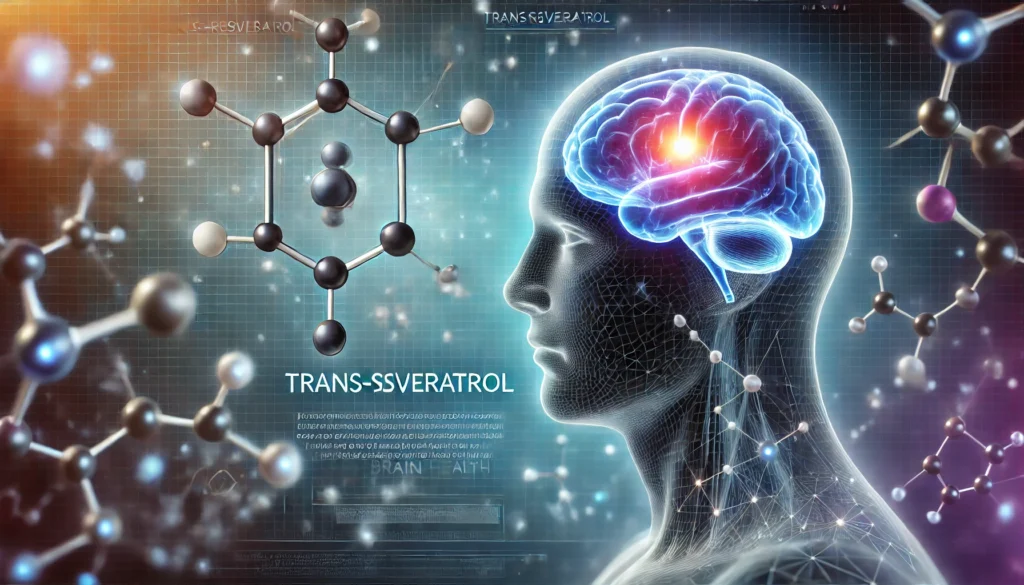  Trans-Resveratrol for brain health. In the foreground, a molecular structure of Trans-Resveratrol 