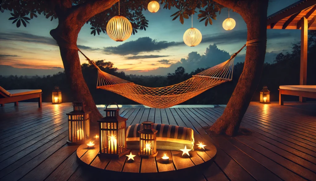 A serene outdoor evening scene featuring a hammock tied between two trees under a twilight sky transitioning into night. The peaceful setting, illuminated by soft glowing lanterns, highlights relaxation and promotes restful, uninterrupted sleep.