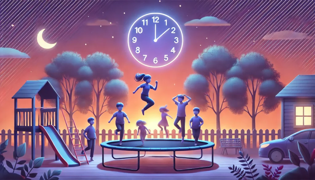 A lively outdoor scene at twilight featuring children joyfully jumping on a trampoline under a dusky sky with soft orange and purple hues. The setting emphasizes the role of physical activity during the day in promoting better sleep at night, free of text or overlays.