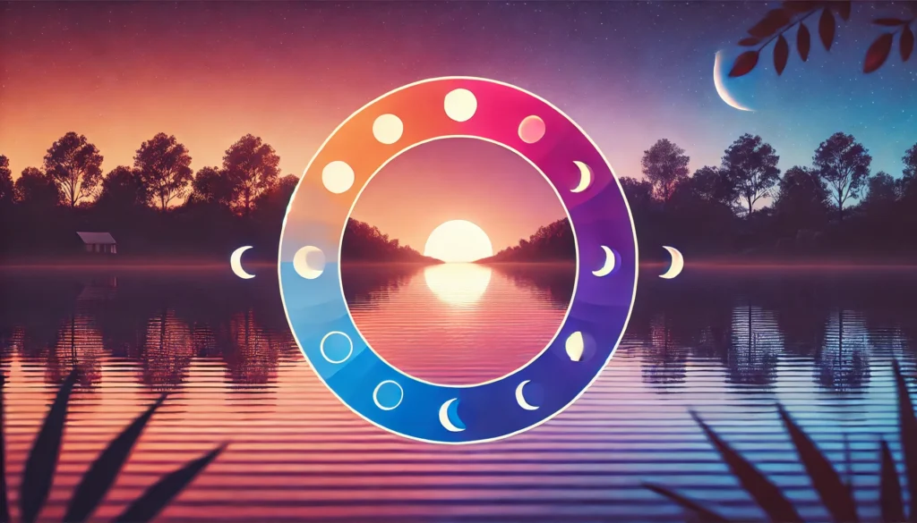 A tranquil outdoor twilight scene featuring a calm lake reflecting the vibrant hues of the setting sun, transitioning from warm oranges and pinks to deep purples and blues. The peaceful setting symbolizes relaxation and the natural alignment of the body with the sleep-wake cycle, free of text or overlays.