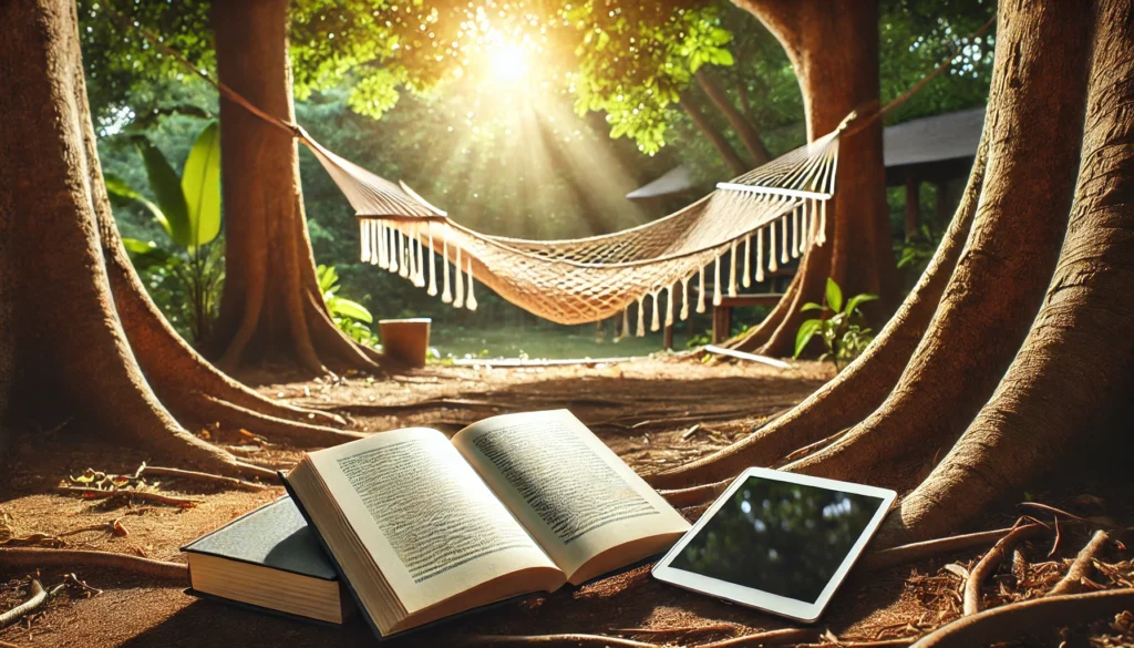 A tranquil outdoor reading scene featuring a hammock between trees, an open book, and a tablet. Sunlight filters through the leaves, emphasizing the choice between traditional and digital reading.