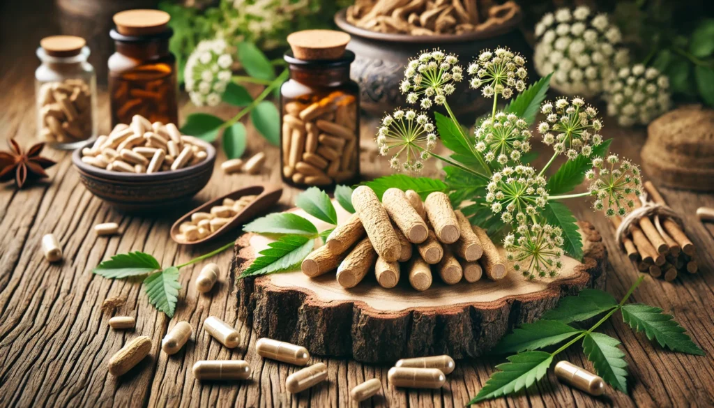 A detailed close-up of valerian root and capsules on a wooden table, accented with fresh leaves and flowers, emphasizing its natural and calming properties.