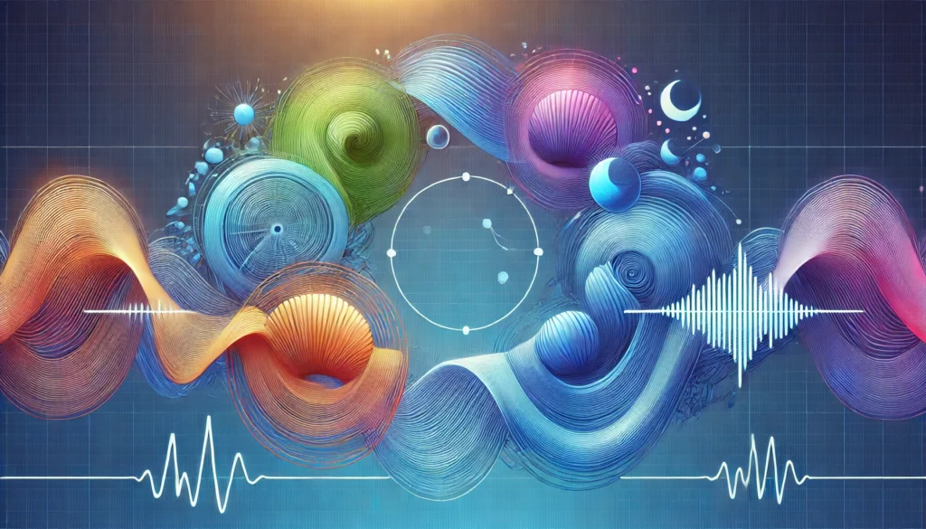 An artistic representation of the human sleep cycle stages using colorful overlapping waves against a gradient blue background, highlighting the transitions between REM and non-REM sleep.