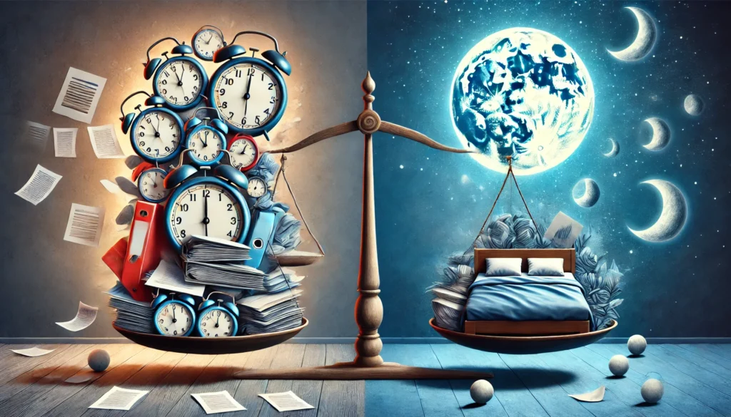 A symbolic illustration of sleep debt, featuring a balanced scale. One side holds a pile of papers and clocks symbolizing stress and sleep deprivation, while the other displays a serene bed under a glowing moon, representing restful sleep and balance. The image captures the importance of prioritizing sleep amidst life's demands.