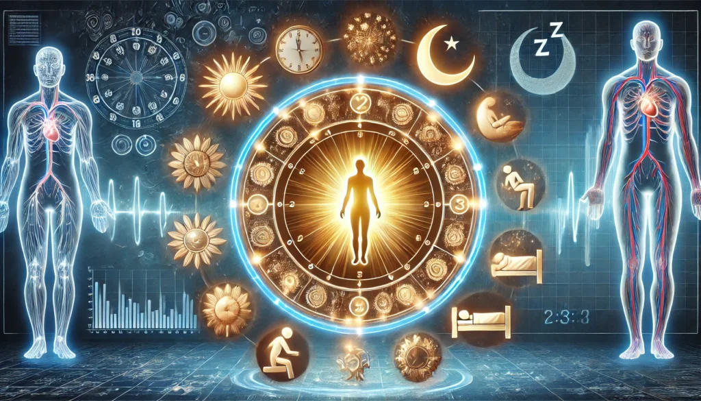 A conceptual illustration of the human circadian rhythm, featuring a glowing clock-like structure encircled by icons representing day and night activities, such as the sun, moon, a sleeping person, and an active figure. The design symbolizes the balance of the sleep-wake cycle.