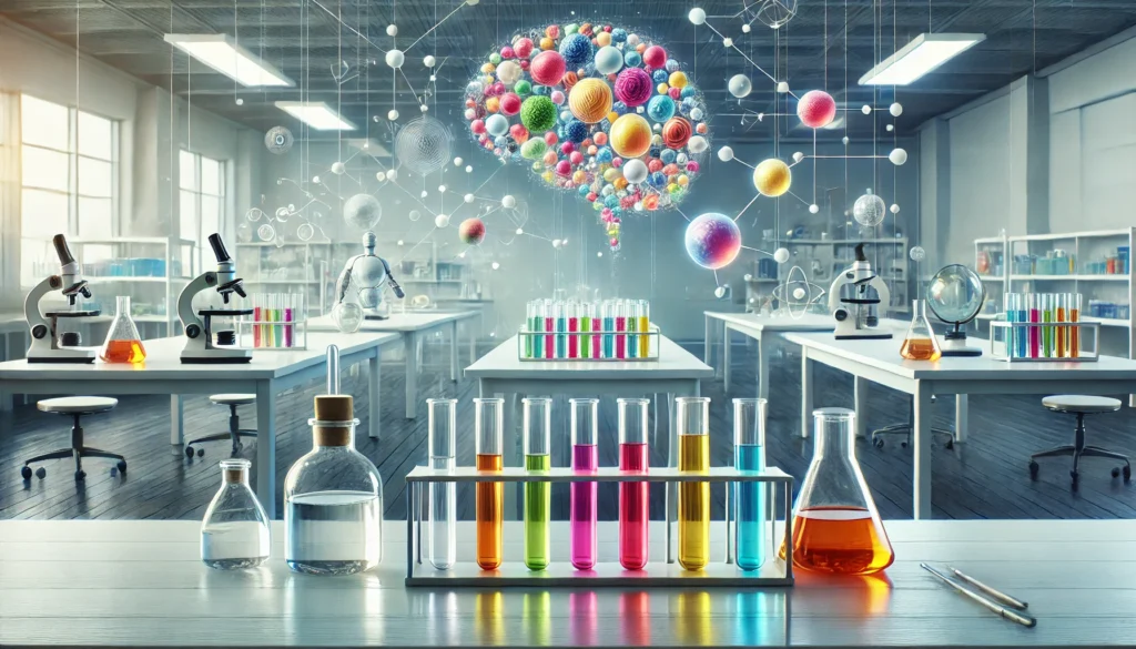 A modern laboratory with test tubes and vials of brightly colored liquids, representing scientific research into the effects of vitamins on cognitive health