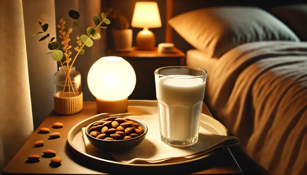 A serene pre-sleep setup featuring a glass of warm almond milk on a bedside table, accompanied by a small dish of almonds, a soft glowing nightlight, and a cozy bed in the background, creating a calming nighttime ambiance.