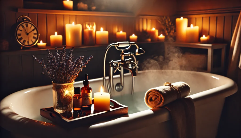 A cozy nighttime bathroom setup featuring a warm bath surrounded by candles, steam rising from the water, and a small shelf with lavender essential oil and rolled towels. The softly lit room creates a serene and calming environment, perfect for unwinding before sleep.