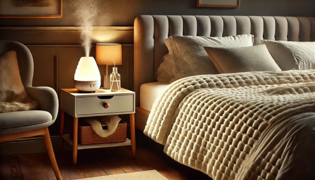 A cozy bedroom setup featuring a weighted blanket draped over a plush bed with a soft pillow. A bedside table holds a diffuser emitting a gentle mist, and a warm bedside lamp softly illuminates the serene environment, ideal for promoting relaxation and restful sleep.