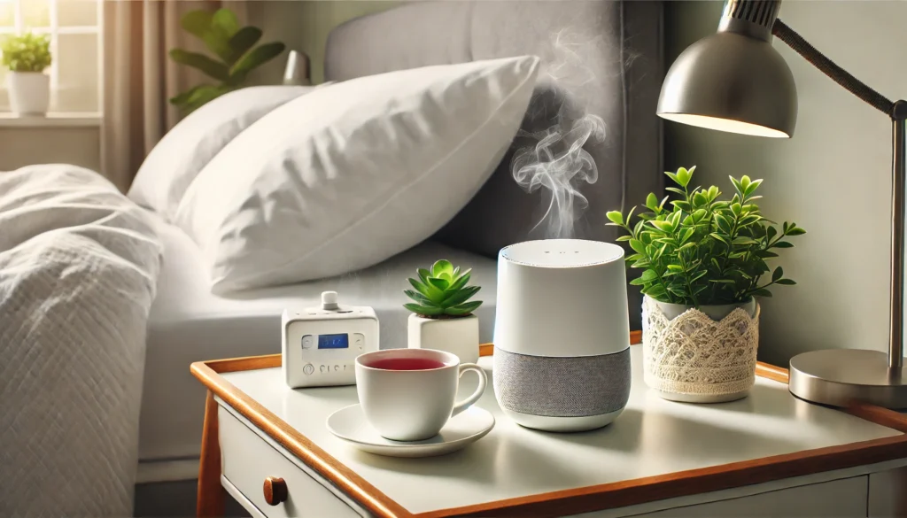 A modern bedside table setup featuring a sleek white noise machine, a steaming cup of chamomile tea, and a small potted plant. The background highlights a neatly made bed with soft ambient lighting, creating a calming and peaceful atmosphere for restful sleep.