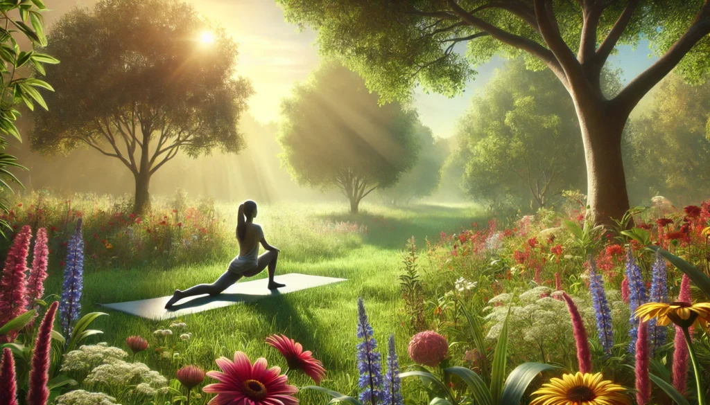 A peaceful outdoor scene featuring a person practicing yoga in a gentle pose on a grassy field. The area is surrounded by trees and vibrant flowers, with soft morning sunlight casting a rejuvenating glow. The setting symbolizes mindfulness and natural methods to combat daytime drowsiness.