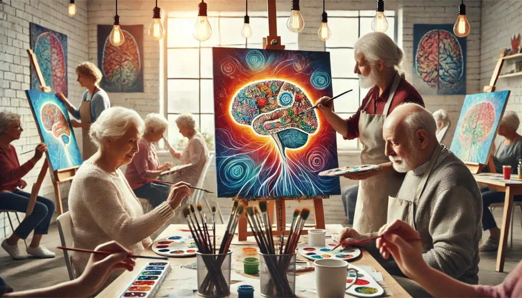 A lively art class with seniors painting on canvases, surrounded by a bright and inspiring atmosphere. The image represents creativity and cognitive engagement as effective ways to reduce dementia risk.