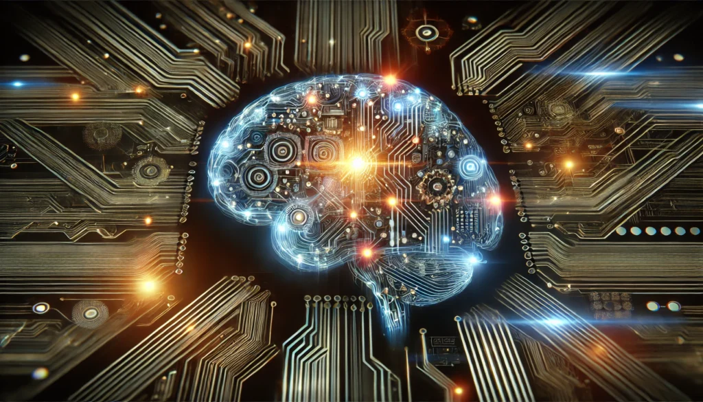 A conceptual image of a high-tech brain interface, where digital circuits and neural connections merge. The glowing brain integrates with artificial intelligence elements, representing the fusion of technology and human intelligence.