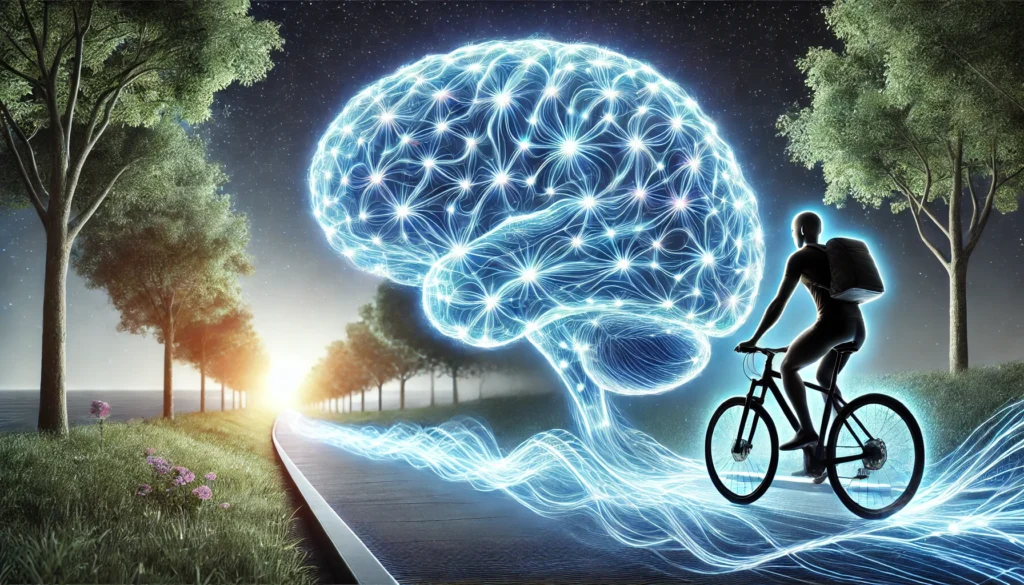 A futuristic visualization of a brain illuminated with energy as a person cycles on a scenic trail. The glowing neural pathways represent the positive impact of aerobic exercise on brain power, memory function, and cognitive sharpness.