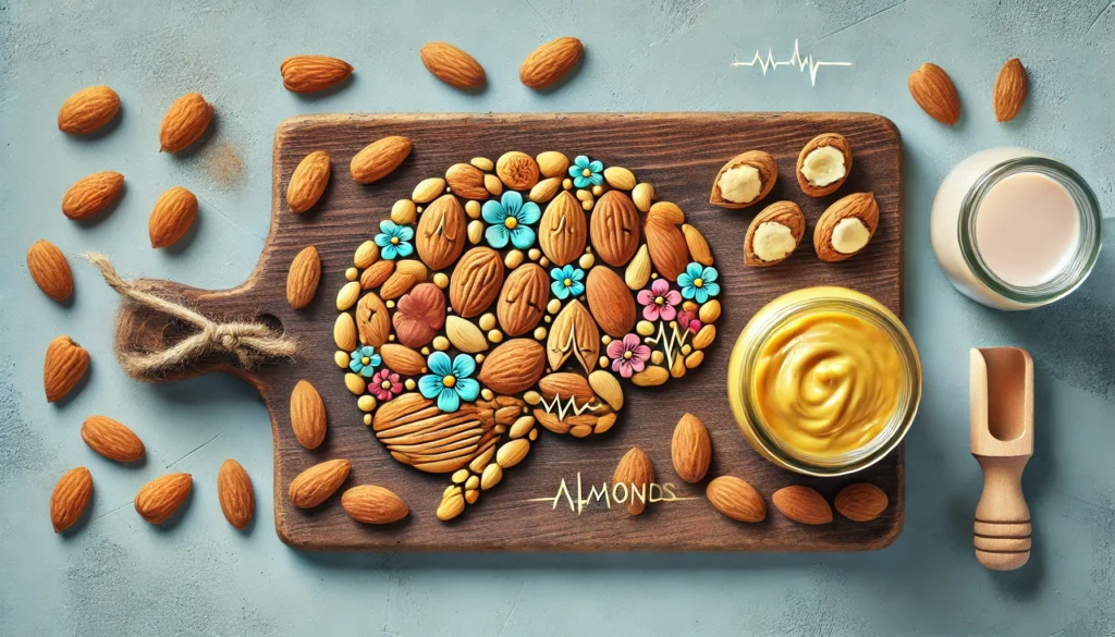 A vibrant top-down view of a wooden cutting board with almonds, almond butter, and almond milk arranged neatly. The natural ingredients symbolize the brain-boosting nutrients of almonds for cognitive function and memory support.