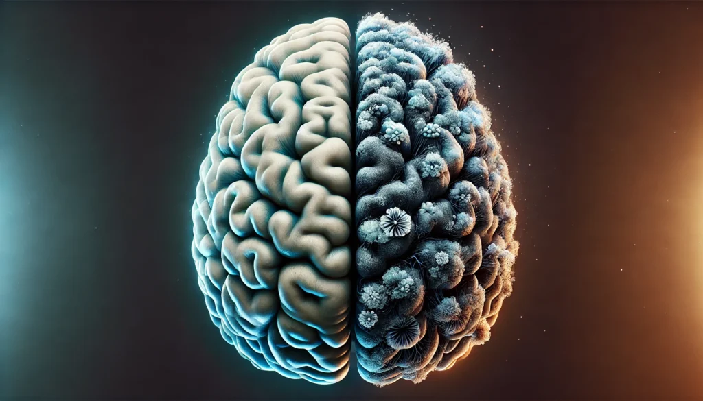 A surreal representation of a human brain divided into two halves: one side appearing healthy and well-connected, while the other side is dim and deteriorating, symbolizing the difference between normal aging and Alzheimer's-related cognitive decline.