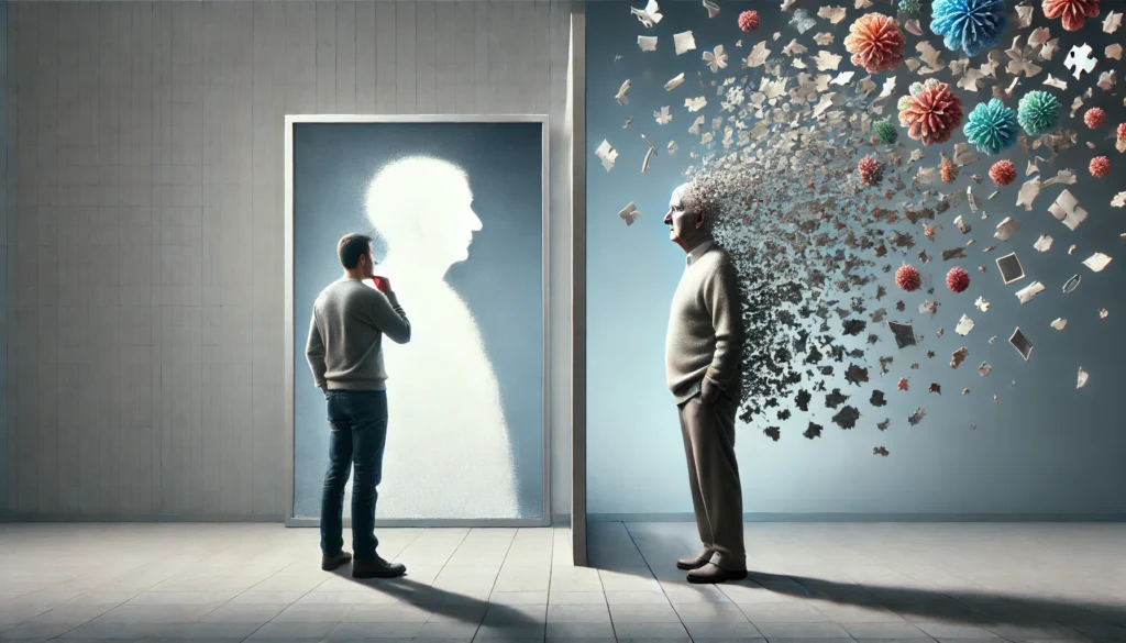 A conceptual scene of a person with amnesia standing in front of a blank wall, symbolizing lost but potentially retrievable memories, while another individual with dementia is surrounded by fragmented, dissolving images, representing progressive memory loss.