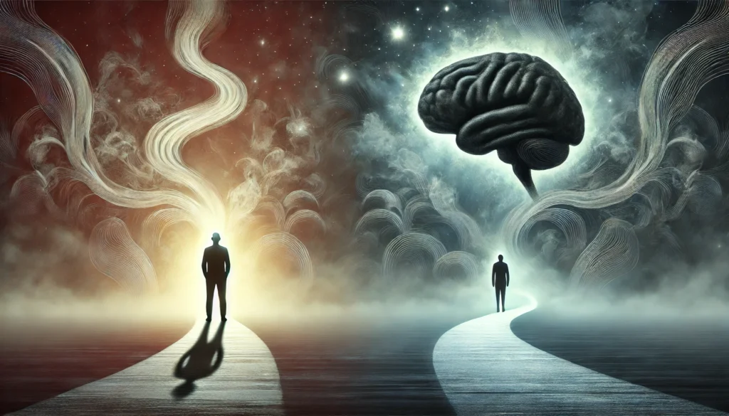 A surreal image of two silhouetted figures standing on opposite paths—one representing amnesia with a bright, winding road leading to rediscovery, and the other representing dementia, fading into a misty, obscured path. The contrast symbolizes differences in memory loss and recovery.