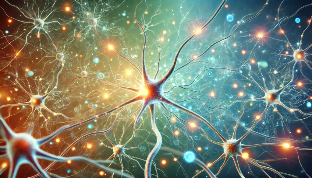 An abstract visualization of neurons strengthening and glowing, symbolizing brain resilience against anticholinergic dementia. Some neural pathways are repairing, with bright synapses forming strong connections, set against a calming, medical-toned background.