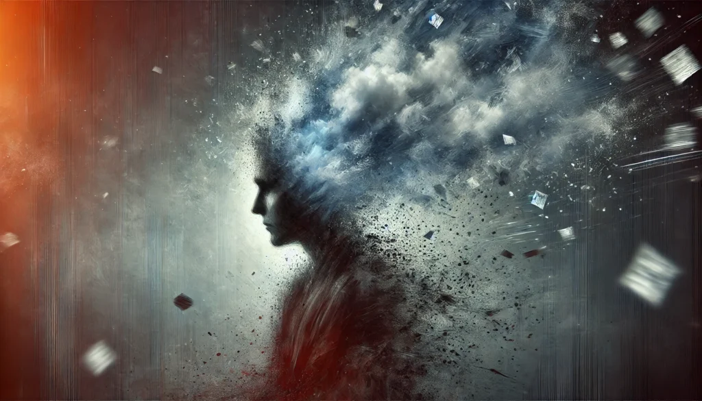 A symbolic depiction of anxiety affecting memory, showing a person's head dissolving into a cloud of fragmented thoughts. Pieces of their mind scatter into the wind, creating a moody, blurred effect representing forgetfulness and cognitive struggle.