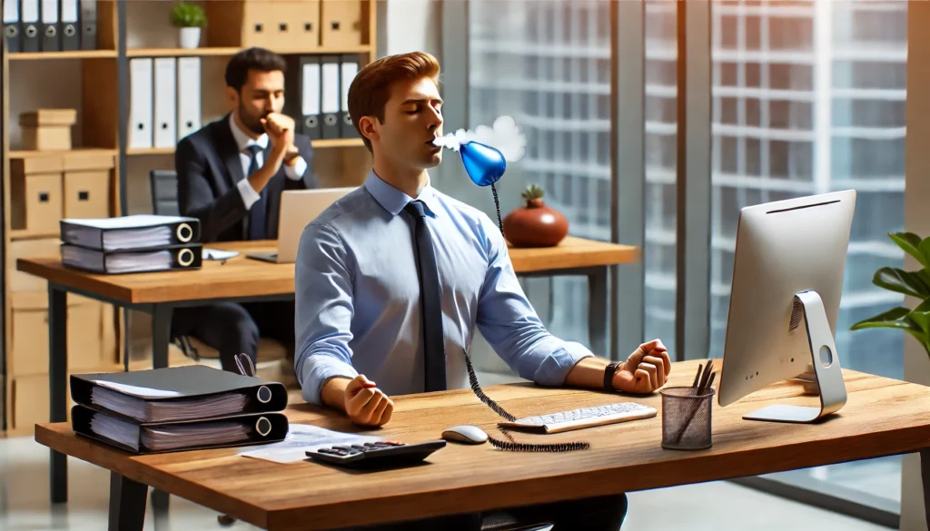 A professional practicing deep breathing exercises at their desk to manage an anxiety attack at work, showcasing self-help techniques for stress management.