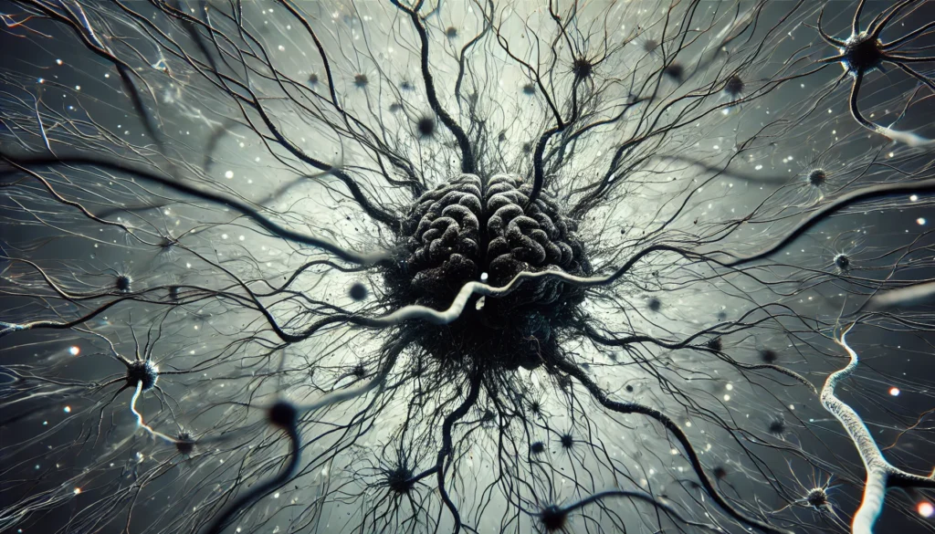 An abstract visualization of neurons entangled in dark, spiky vines, symbolizing how anxiety affects brain function and accelerates dementia progression. The neural pathways appear constricted and dim, with a background conveying stress and cognitive decline.