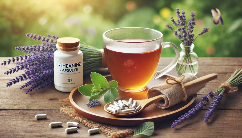 A peaceful wellness setting featuring a cup of herbal tea, L-Theanine capsules, and a bundle of lavender on a wooden tray, with a softly blurred natural greenery background, evoking calm and tranquility.