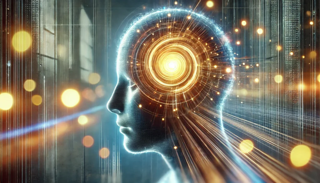 A surreal visualization of a person with a glowing energy field around their head, symbolizing heightened attention and mental clarity. The background is blurred to represent selective focus on important tasks.