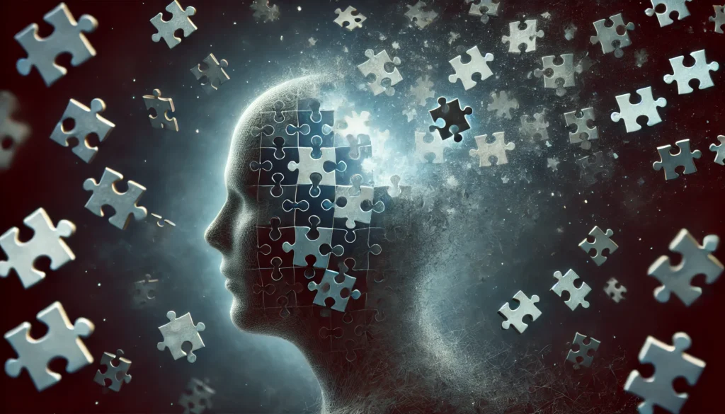 A conceptual image of a human head dissolving into scattered puzzle pieces, illustrating memory loss and fragmented recall. The pieces float away into a dark, dreamy background, symbolizing fading cognition.